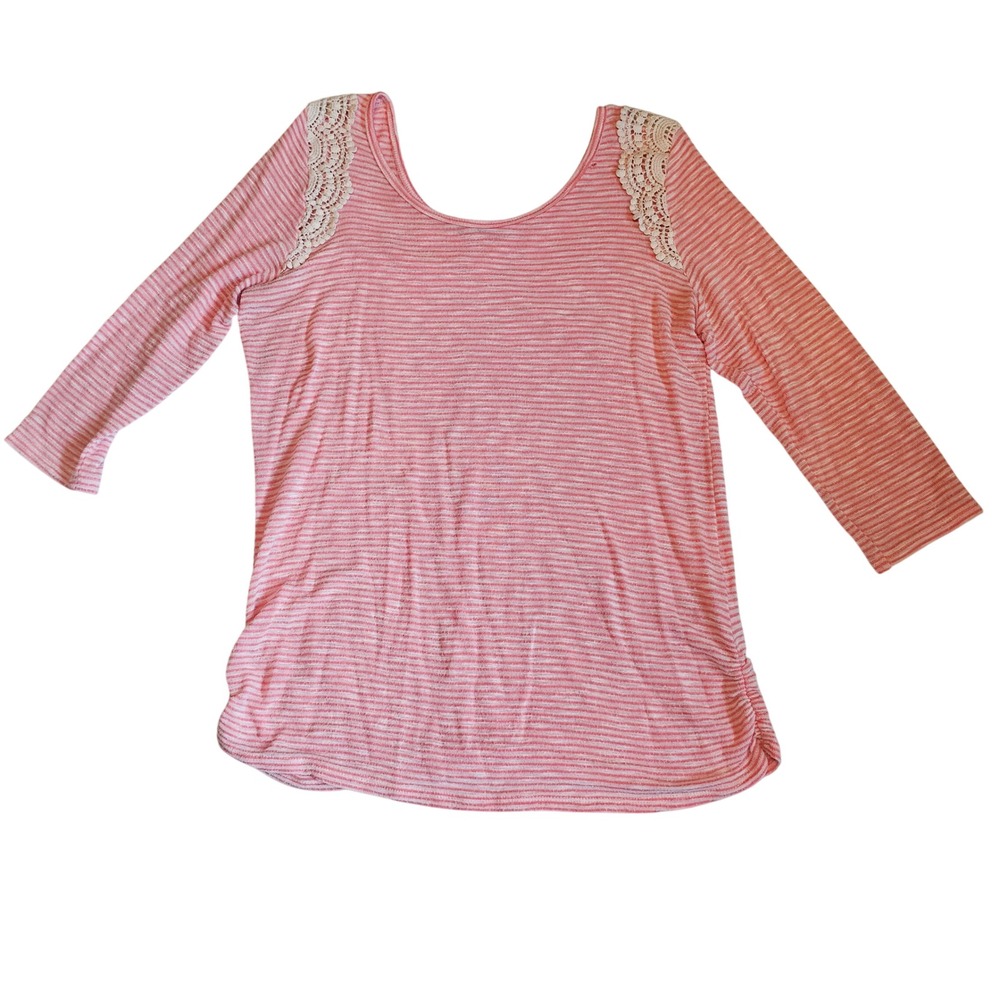 Maurices Pink Striped Top Lace Shoulder Detail 3/4 Sleeve Size L‎